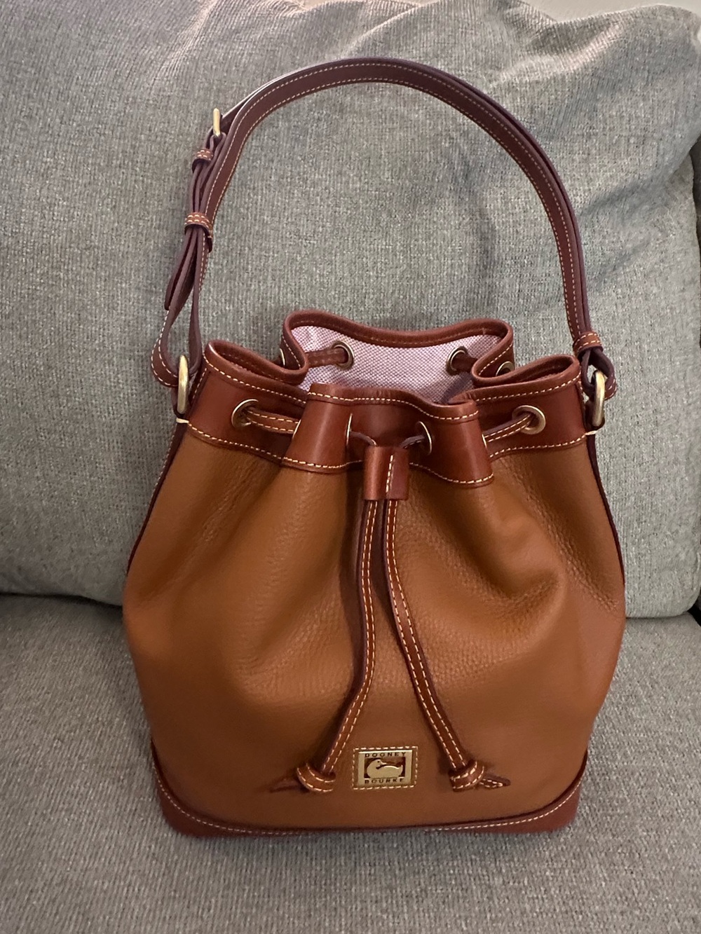 Dooney & Bourke Camel Pebbled Leather Drawstring Bucket Shoulder Bag